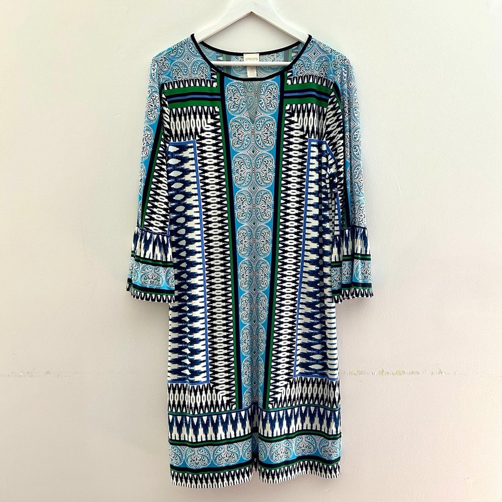 Chicos Stretchy Ikat Kaftan Dress Blue Green Sz 2 L 12-14 Bell Sleeve Travel
